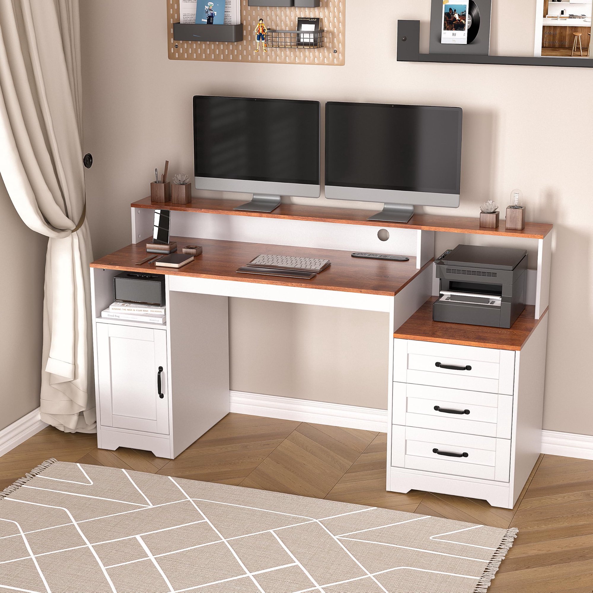 NEWADARA 65'' Farmhouse Wood Computer Desk with Drawers, Home Office Study Writing Desks with Power Outlets,Storage Cabinet(Brown and White, Rectangular)