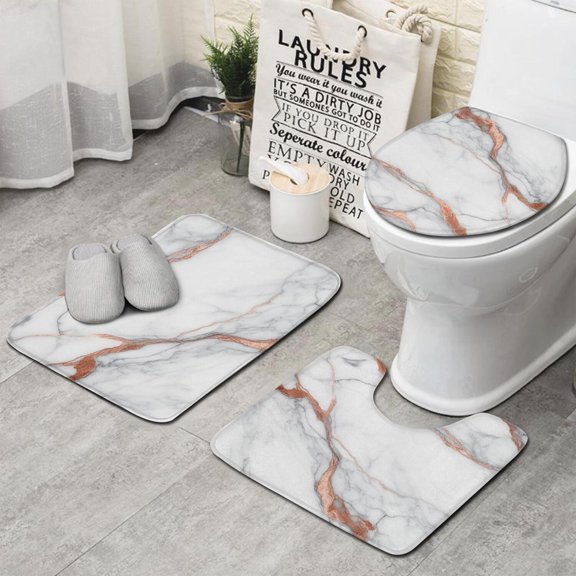 White Rose Gold Marble Pattern Bathroom Rugs Sets 3 Piece,Toilet Cover Set,Absorbent Non Slip Bathroom Mats Sets with U-Shaped Contour Rug Toilet Rug Set