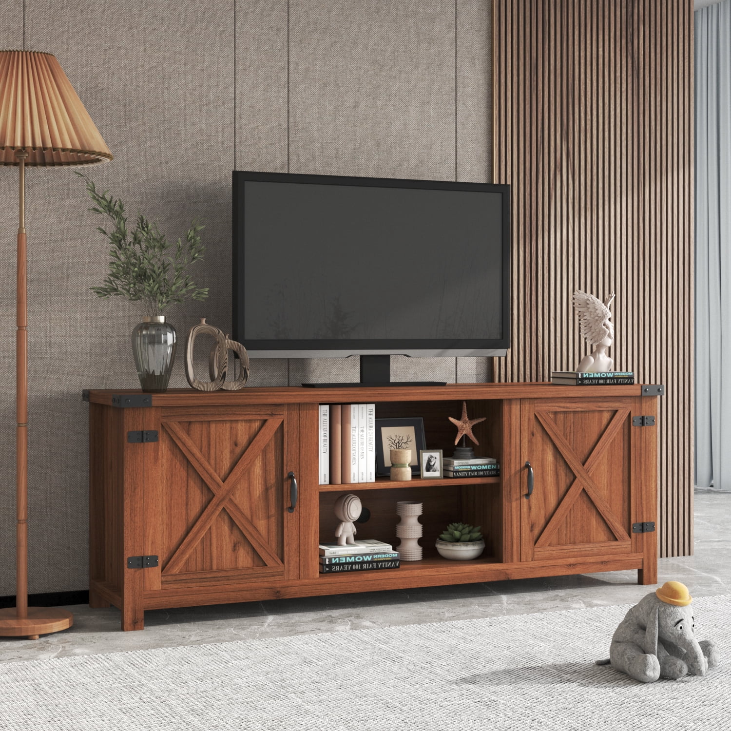 Vineego Farmhouse Barn Two-Door Tv Stand for TVs up to 65", Rustic Brown