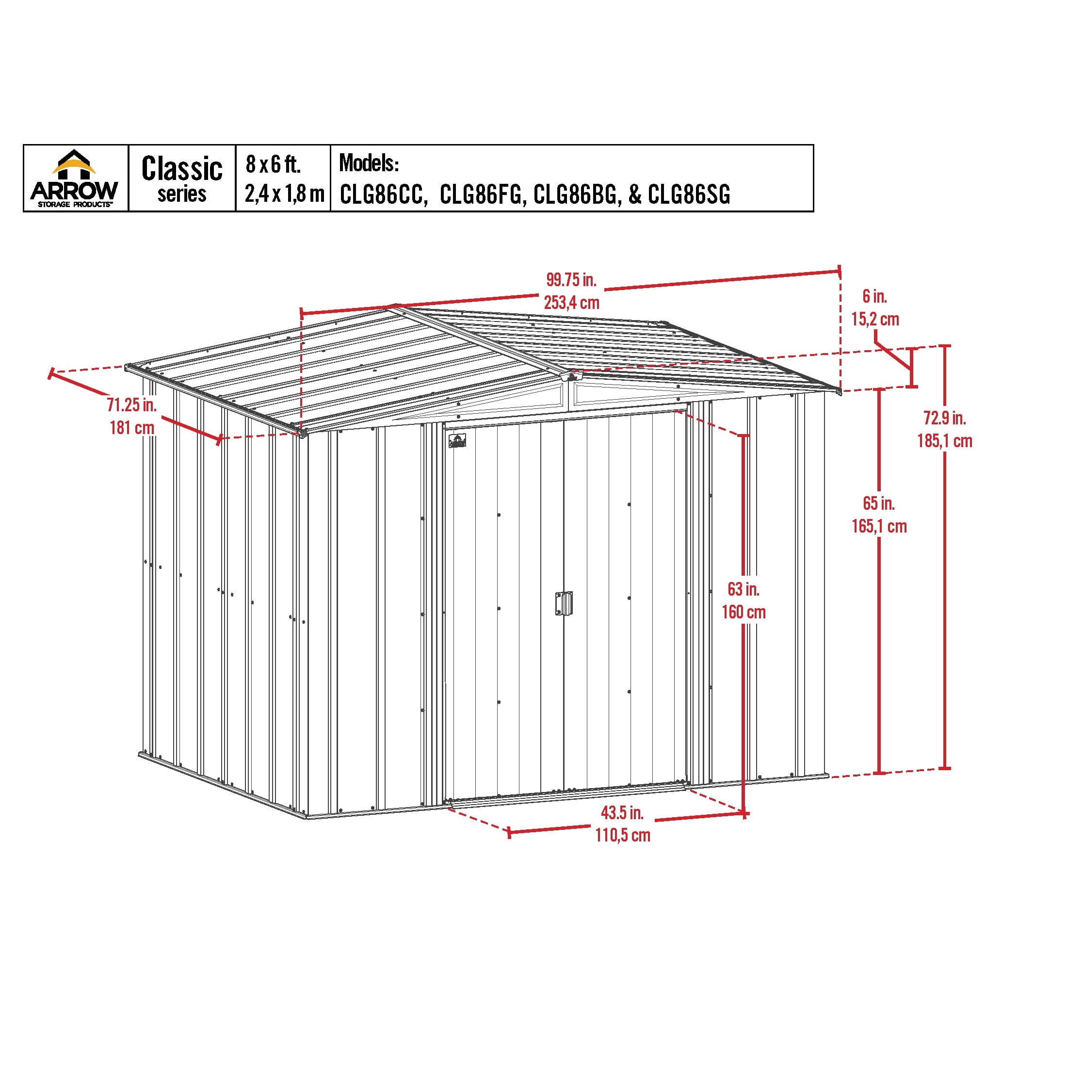 Arrow Classic 8 x 6 x 6 ft Charcoal Steel Storage Shed