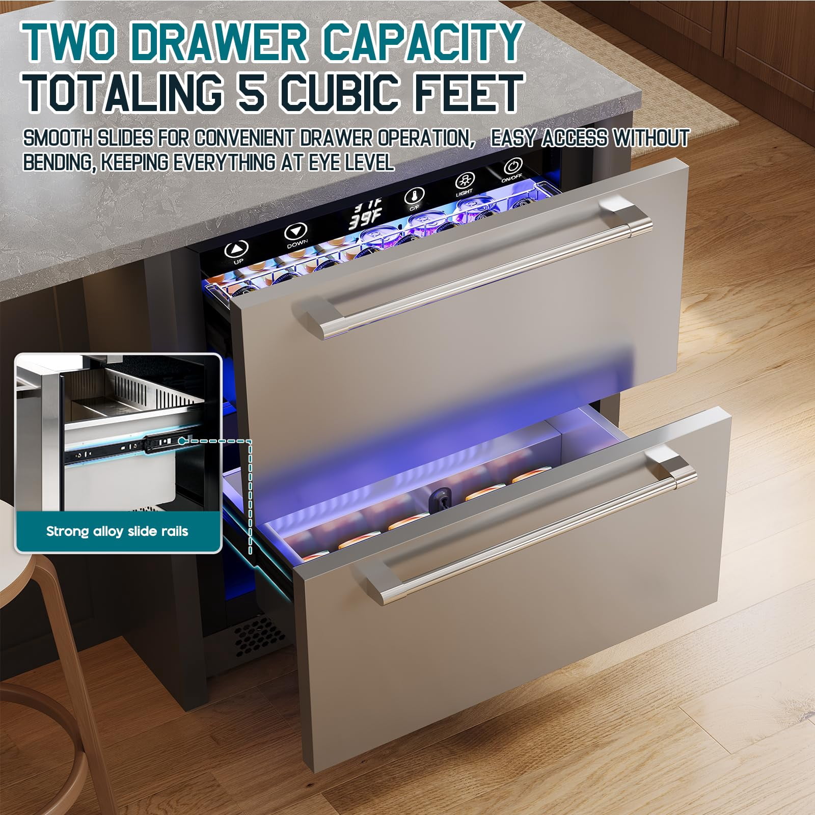 Jocisland 24" Under Counter Drawer Fridge – Stainless Steel Beverage Refrigerator with Dual Drawers, LED Touch Control, 4-72℉, for Indoor Outdoor Use
