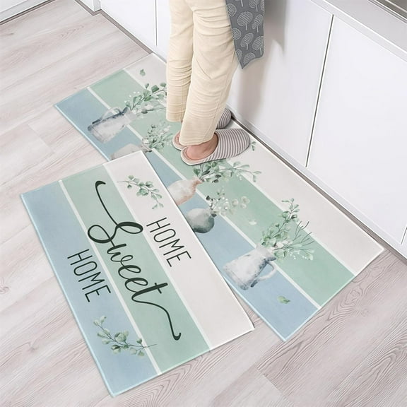 Spring Kitchen Rugs and Mats Set of 2, Green Leaves Spring Kitchen Mat Non-Skid Washable Kitchen Mats for Floor, Kitchen Decor and Accessories Decoration, Spring Kitchen Rug 17"x47" 17"x30"