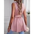thumbnail image 6 of Women V Neck Wrap Blouse Tie Waist Sleeveless Irregular Hem Pure Color Dressy Belted Shirt Pink L, 6 of 8