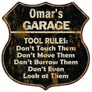 Omar's Garage Tool Rules Sign Shield Metal Gift 211110003100