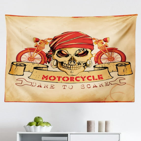 Manly Tapestry, Motorcycle Image with Ride Your Way Text Peace Sign Freedom Action Freestyle, Fabric Wall Hanging Decor for Bedroom Living Room Dorm, 2 Sizes, Black Orange Cream, by Ambesonne