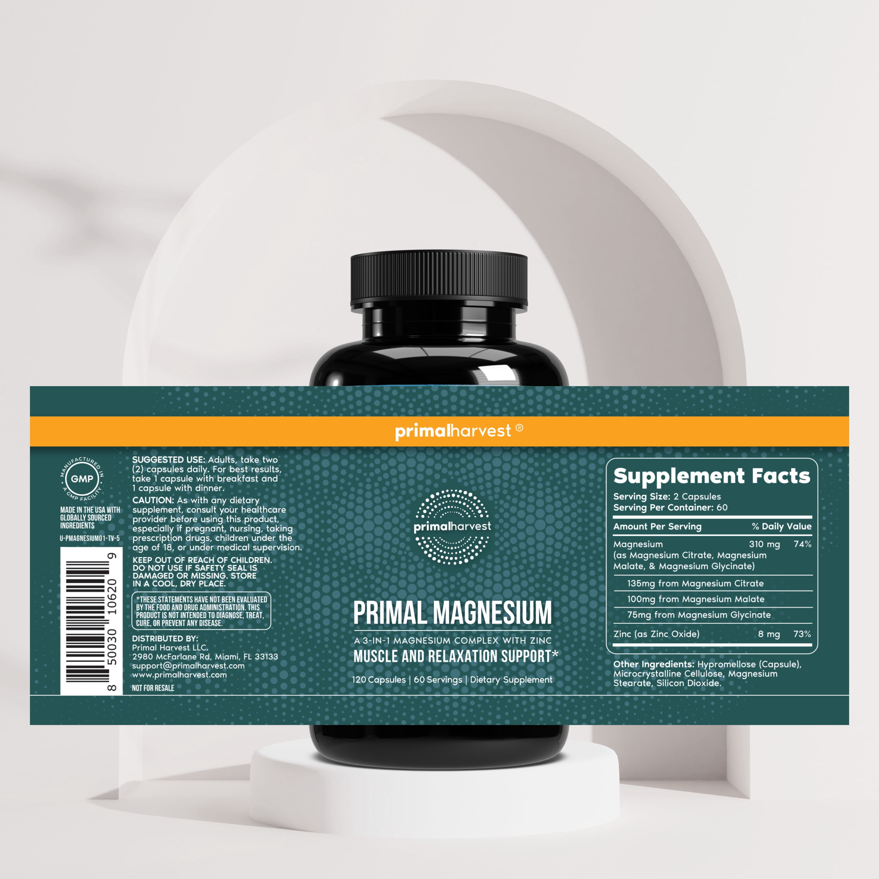 Primal Harvest Magnesium Complex, 120 Capsules: 310mg 3 Types of Magnesium, Zinc