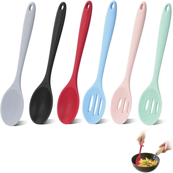 TIE-DailyNec 6 Pcs 10.7" Silicone Cooking Spoons, Heat Resistant Non-Stick Utensils for Mixing Stirring Baking, Dishwasher Safe, Assorted 6 Colors