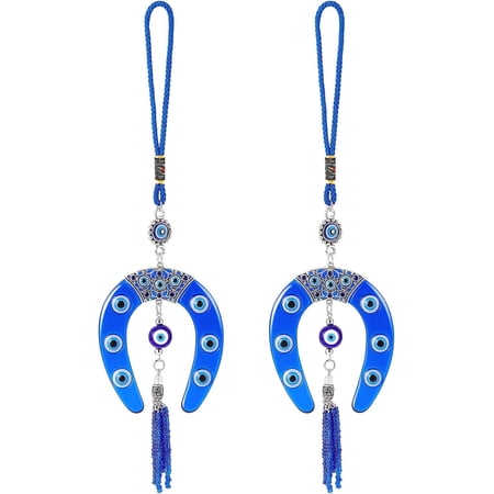 2Pcs Evil Eye Horseshoes Hanging Ornament Turkish Blue Evil Eye Protection Charm with Bead Tassel Car Decor Rear View Mirror Wall Decor Home Decoration for Good Luck and Blessings DIY