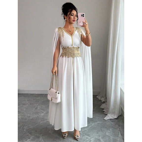 White Womens Elegant V-Neck Maxi Dress With Gold Embroidered Waist And Cape Sleeves