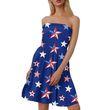 CHCNHAC Summer Dresses for Women 2025 Independence Day Patriotic Dresses Red White and Blue Graphic Flattering Flowy Swing Strapless Cocktail Party Dress Royal Blue XL