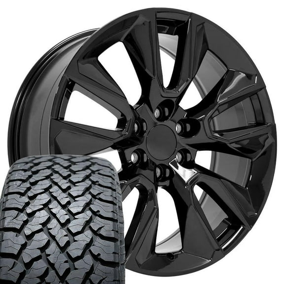 OE Wheels CV32 22 Inch Rims and Tires Fit Silverado 1500 Style 6x139.7 22x9 Gloss Black - Hollander 5916 - TS-37 AT 285/45-22 (Set of 4)