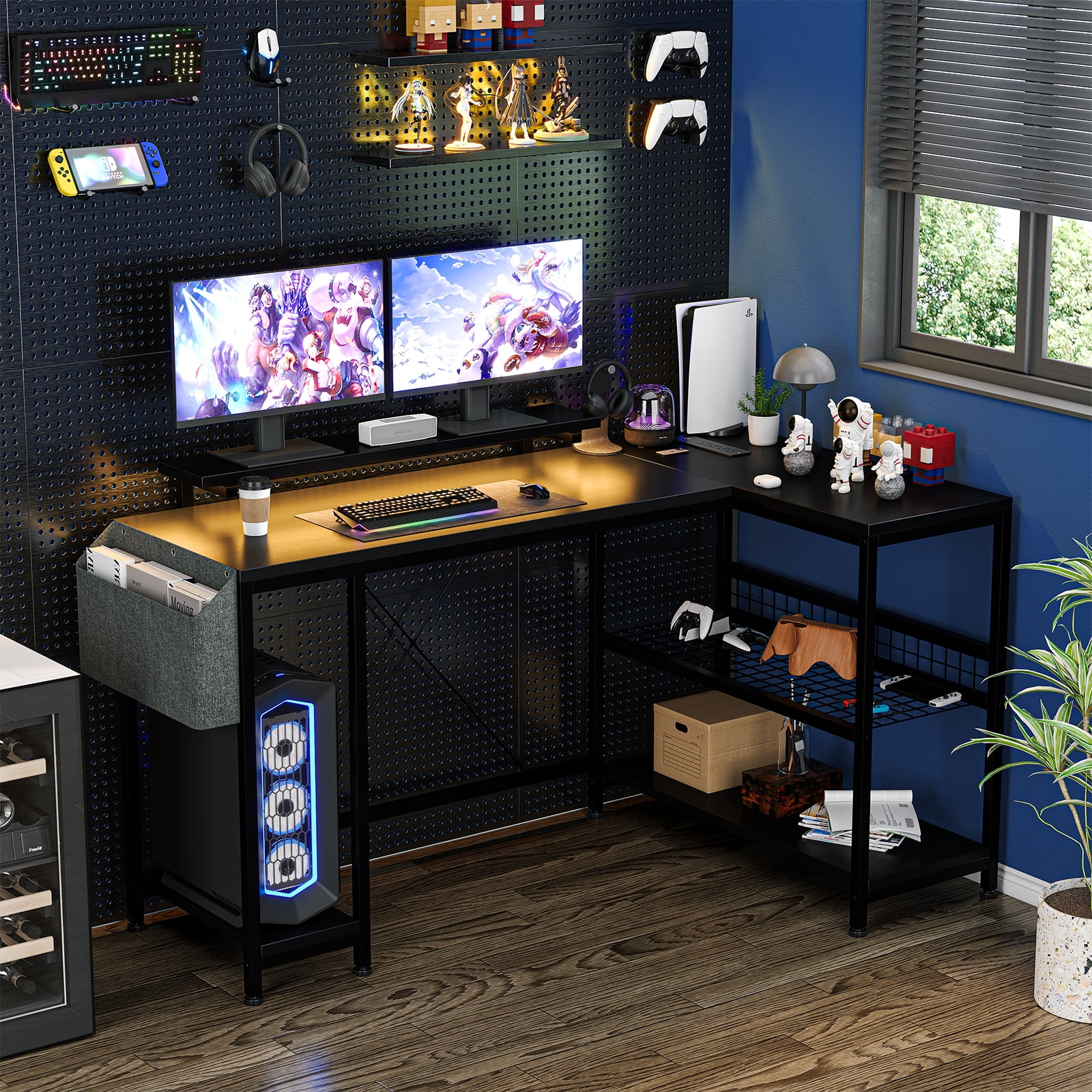 L Shaped Desk, Computer Gaming Desk with Power Outlet & Led Light, Reversible Corner Desk with Monitor Stand & Storage Shelves, Storage Bag for Home Office