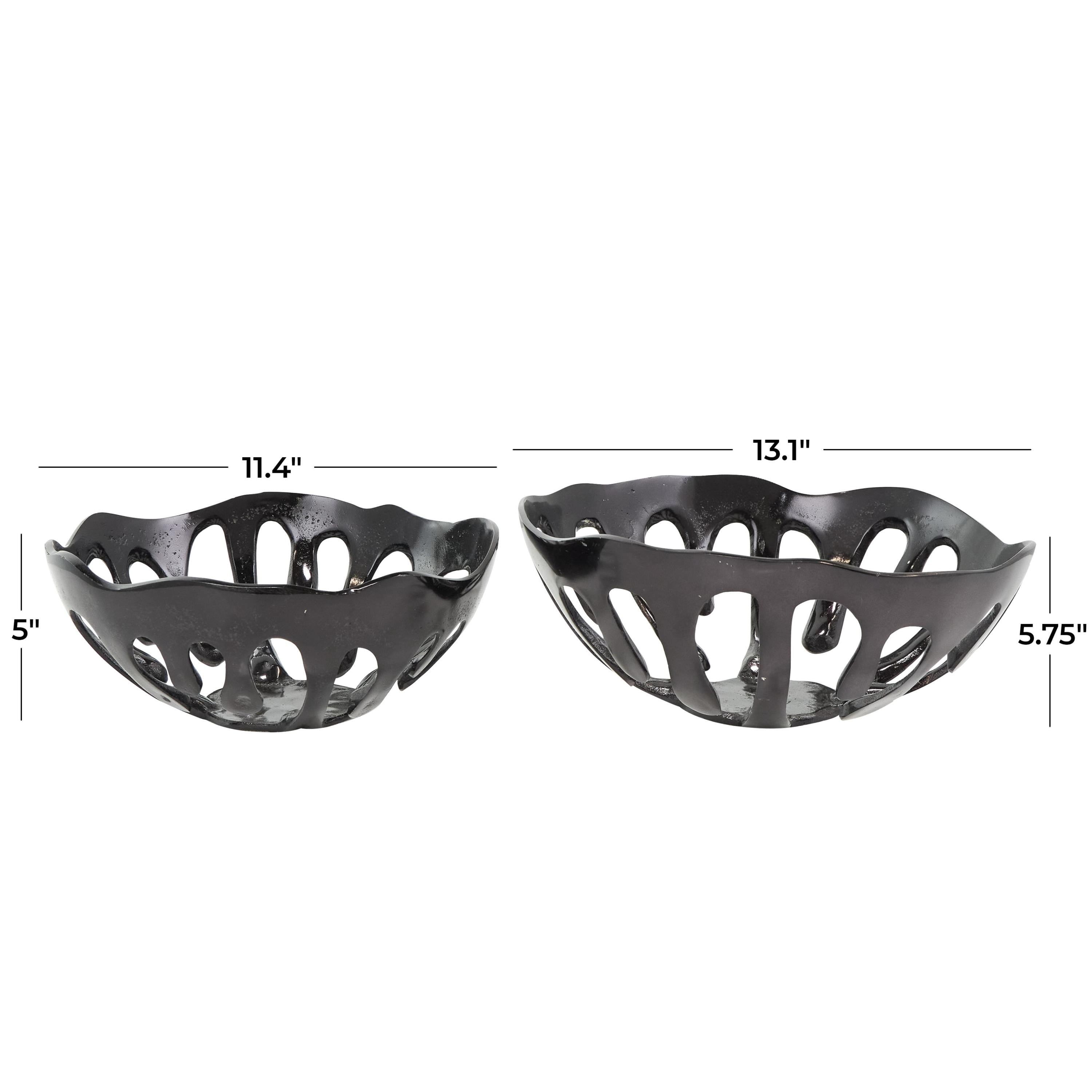 DecMode 13", 11"W Round Drip Black Aluminum Metal Decorative Bowl with Open Frame Design, Set of 2