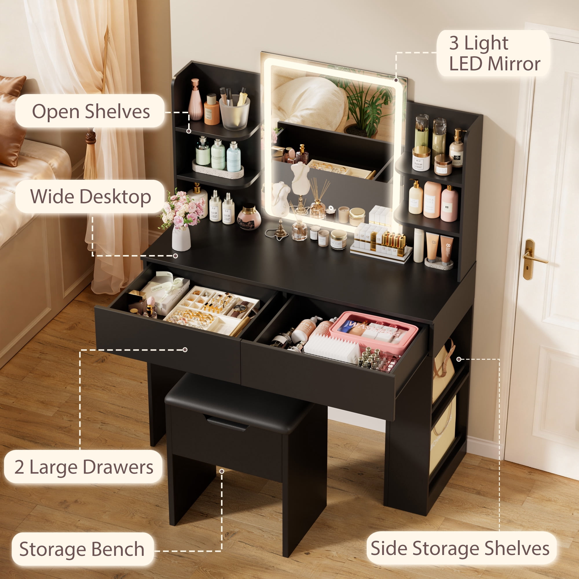 Homall Vanity Desk Set with 3 Colors LED Lighted Mirror, Makeup Vanity with Stool, Storage Shelves and Drawers, Vanity Table Dressing Table for Bedroom, Black