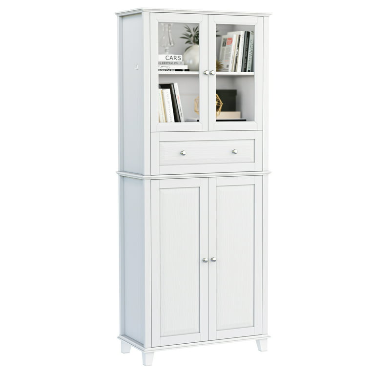 Homfa Tall Kitchen Pantry with 2 Glass Doors, Large Drawer Storage Cabinet  with Adjustable Shelves for Dining Room Living Room, White 