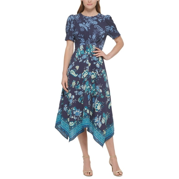 Vince Camuto Womens Mixed Print Handkerchief Hem Dress Handkerchi Blue 12