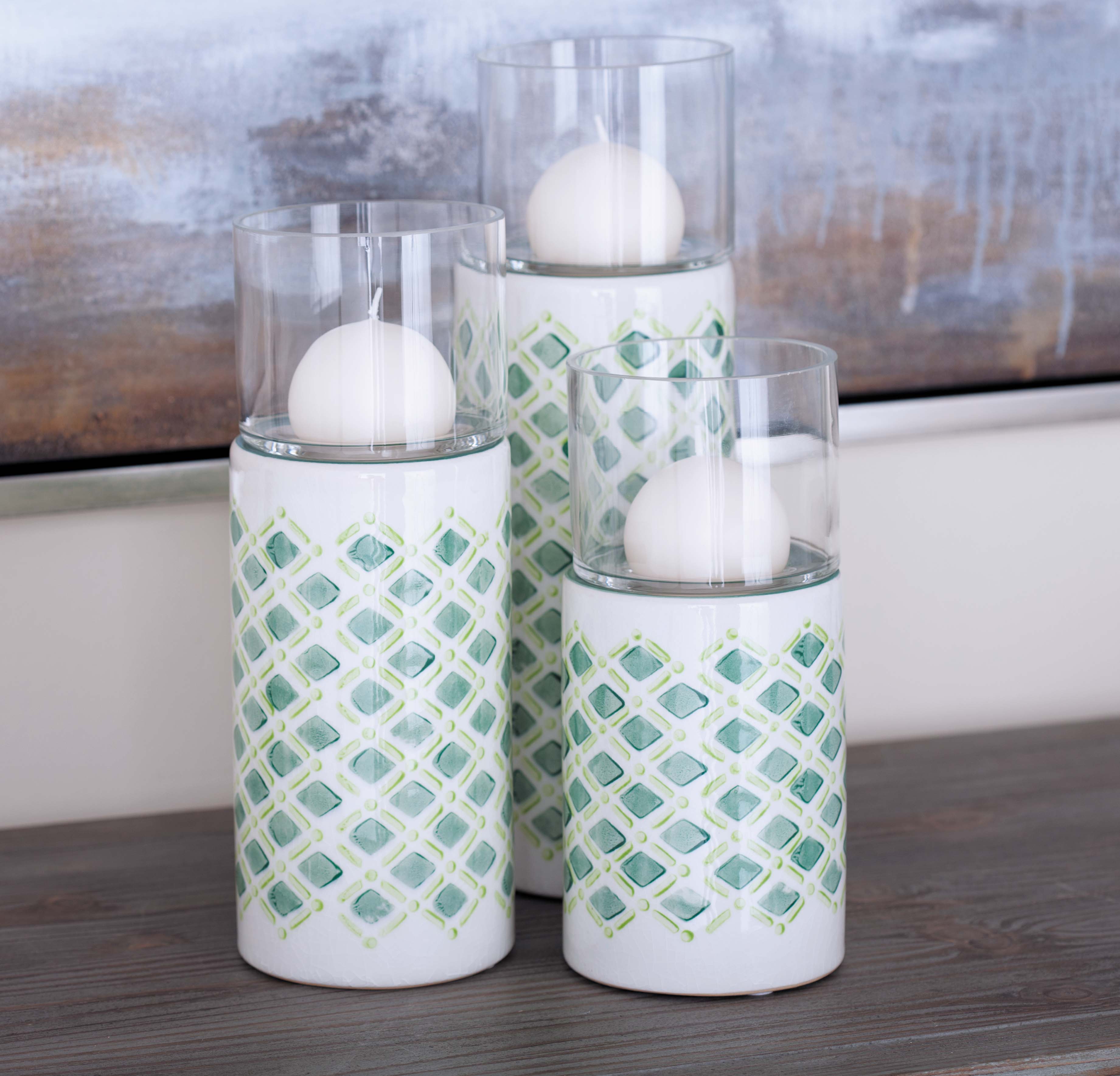 Decmode Contemporary 9, 11, And 13 Inch Lattice Patterned Ceramic And Glass Candle Holders, White, Green - Set of 3