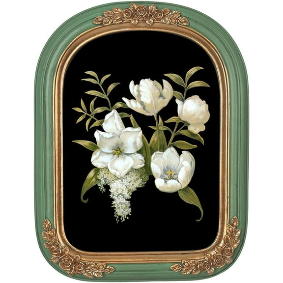 Vintage Picture Frame 5x7 Inch, Antique Ornate Green Arched Photo Frame With Intricate Golden Floral Relief, High-Definition Glass Front, Retro Home Decor Art Gallery (Green and Gold 5x7)