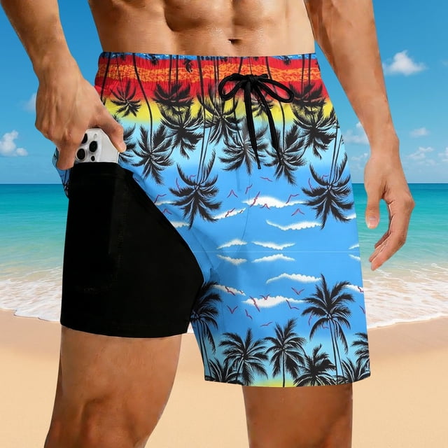 Mens Beach Style Swim Trunks with Double Layer Design for Everyday Leisure and Hawaii Beach Adventures