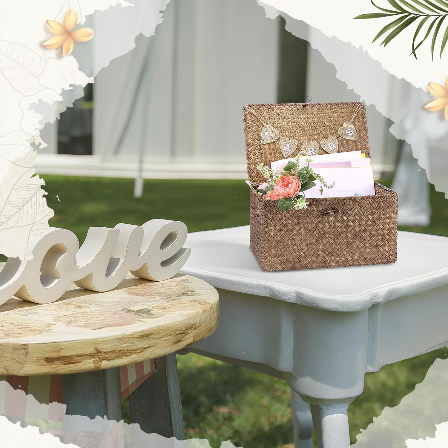 Geelin Sea Grass Wedding Card Basket With Letter Flag Decorative Wedding Card Woven Post Box Suitable For Baby Showers Birthdays Graduation Ceremonies Bridal Showers(Coffee,14 Inch)