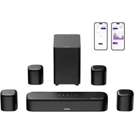 7.1ch Sound Bar with Dolby Atmos, Surround Sound System for TV with 4 Surround Speakers, Sound Bar for Smart TV with App Control, Soundbar with Subwoofer for Home Theater, HDMI eARC, Aura A60