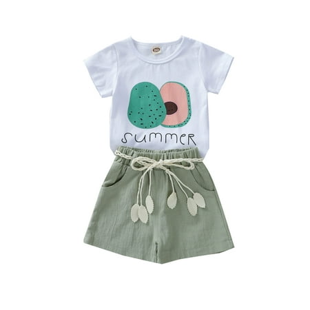 

Sunisery Kids Baby Girls Clothes Sets Avocado Print Round Neck Short Sleeve T-shirt+Shorts with Tassel Belt White 2-3 Years