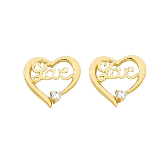 Precious Stars 14K Yellow Gold Cubic Zirconia Heart Shaped 'Love' Screwback Earring Studs