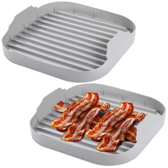 2 Pcs Microwave Bacon Cookers – Food-safe Silicone Bacon Trays | Reusable Crispy Bacon Maker for Microwave | Washable Bacon Rack Tray with Grooves | Fast Heating, Dishwasher Safe, 9.85×9.85×1.97"