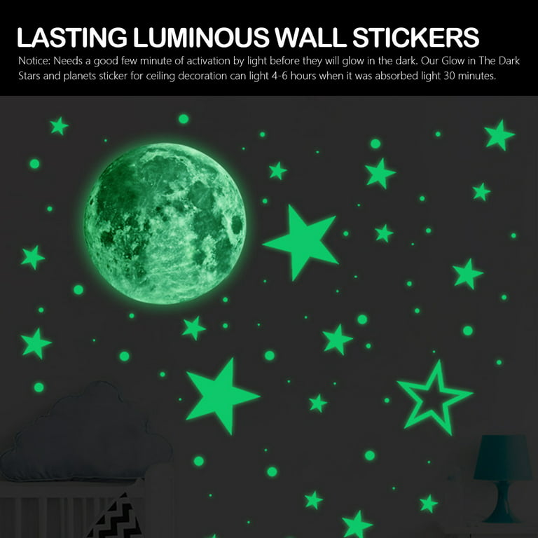 296pcs Glow in The Dark Stars Stickers and 1pc Glowing Colorful Moon, Luminous Fluorescent Castle Wall Decor Sticker for Home Ceiling Baby Kids