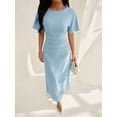thumbnail image 3 of Blue Womens Linen Blend Solid Color Elegant Maxi Dress With Short Flare Sleeves, 3 of 6