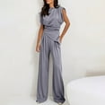 thumbnail image 6 of Women's Dressy Casual Outfits 2025 Summer Cap Sleeve V Neck Ruched Irregular Blouse Tops Wide Leg Long Pant Sets, Casual Work Vacation Suits Outfit for Lady Gray M, 6 of 9