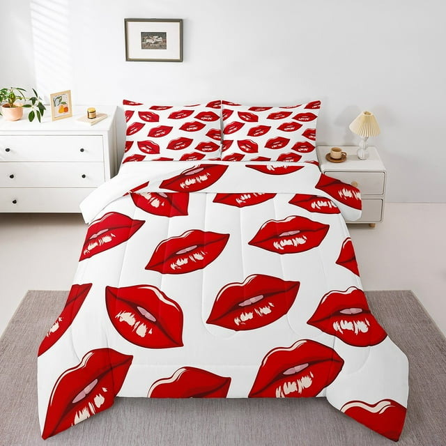 Couette en Duvet Lèvres Rouges Motif Bouche Aguichant Ensembles de Couette Simple pour Femme Homme Ensembles de Literie Imprimés Lèvres Ensembles de Literie Art Moderne Minimaliste Ensembles de Couette pour Déco de Chambre