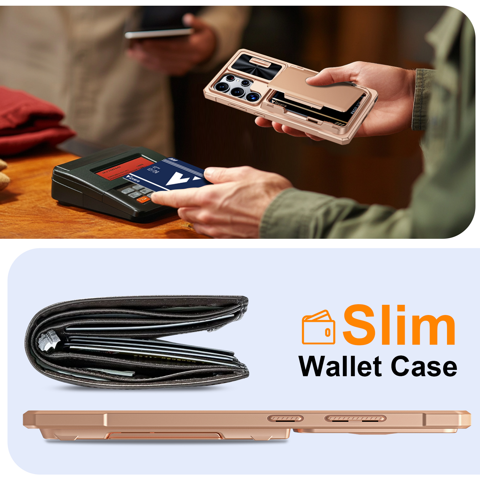 Vizvera for Samsung Galaxy S25 Ultra Wallet RFlD Cards Holder,Camera Control,Camera Cover,Rugged Shockproof Silicone Protective Phone Case-Champagne