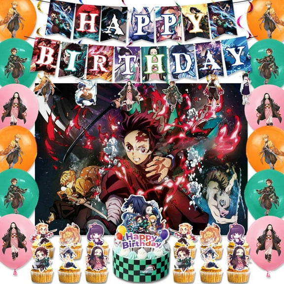 Demon Slayer Theme Party Decorations, Fiesta Party Decorations with Balloons, Tanjiro Theme Decoraciones Backdrop，Birthday Banners, Cake Toppers