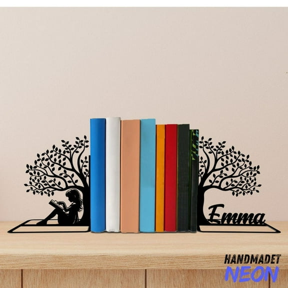Handmadetneonsign Girl Read Book Metal Bookends, Bookworm Name Bookend, Tree Table Bookshelf Decor 044133