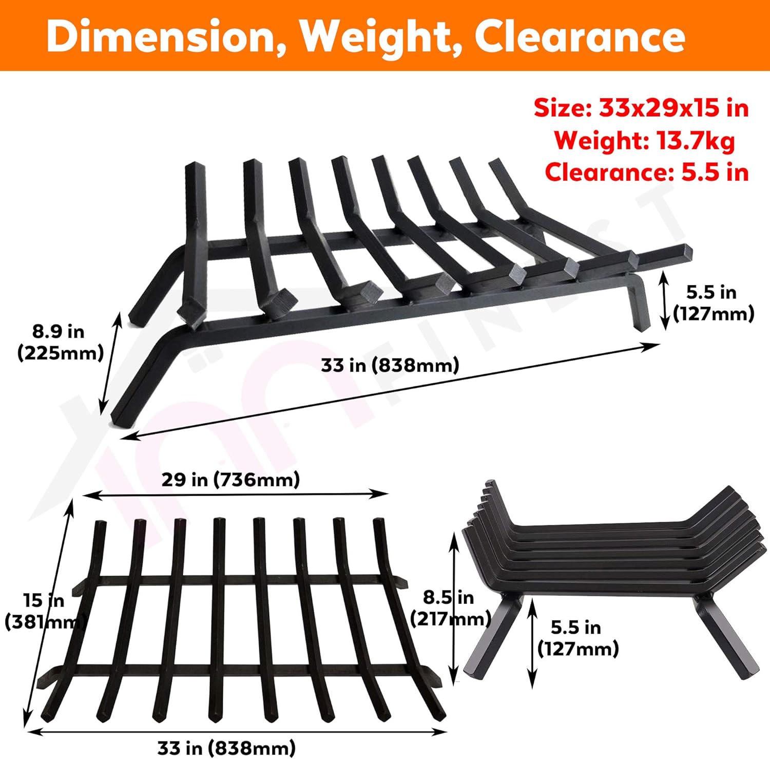 Mintazer 36" Heavy Duty Fireplace Grate, 8-Bar 3/4" Square Steel Firewood Log Burning Rack, Multi-Purpose Indoor Outdoor Fire Pit Fireplace Accessories, Black
