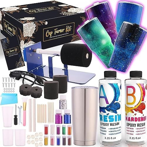 Cup Turner Kit with Epoxy Resin kit for Beginner - Stainless Steel Turners Tumblers Machine Tool Art DIY Supplies Glitters Silicone Pads Brush Spinner Clear Foams Plastic Cups Wooden Sticks
