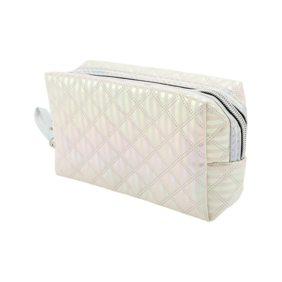 1 Pc Women Portable Solid Color Diamond Grid Makeup Bag for Travel Vacation White PU