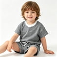 thumbnail image 2 of OSOLU Children Boys Outfits Summer Striped Knit Crew Neck Tee and Shorts 2 Piece Thin Breathable Casual Daily Wear Fashion Travel Clothing Sets, 2 of 4