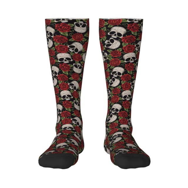 Fotbe Red Rose Skull Calcetas Divertidas Estampadas para Hombre y Mujer, Calcetas de Algodón hasta la Rodilla para Caminar, Correr, Enfermería y Embarazo