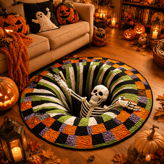 3D Halloween Rug, Skeleton Vortex Optical Illusion Round Rug, Washable Non-Slip Indoor Halloween Area Rug for Living Room, Entryway, Bedroom and Party Decor