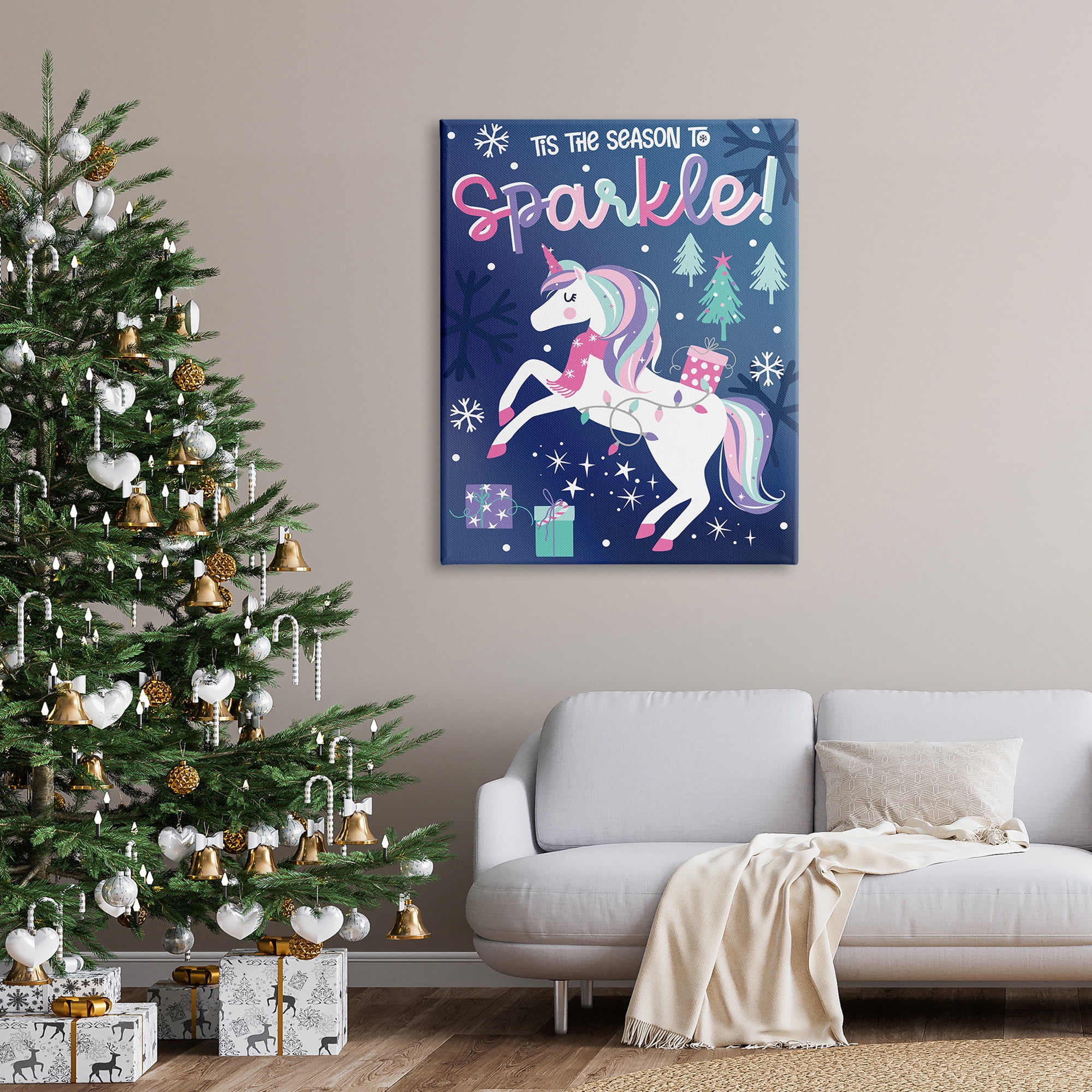 Season To Sparkle Whimsical Christmas Unicorn Snowflakes Fairy Tales & Fantasy Graphic Art Gallery-Wrapped Canvas Print Wall Art