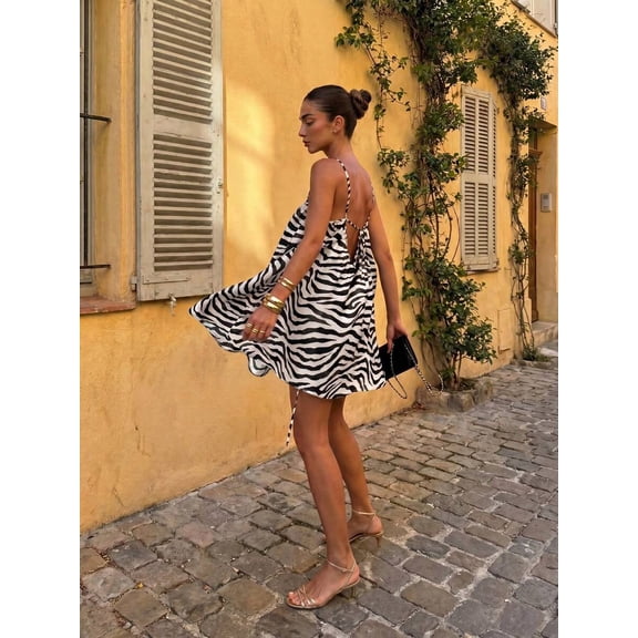 White Zebra Print Chiffon Backless Mini Dress For Party Vacation Casual Wear