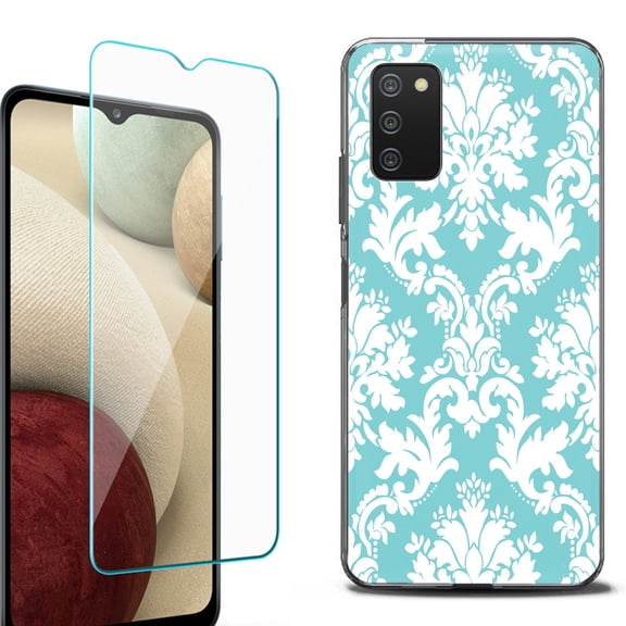 Slim-Fit Protective Fashion Phone Case (Black) for Samsung Galaxy A03s, with Tempered Glass Screen Protector, by OneToughShield ® - Victorian White/Teal
