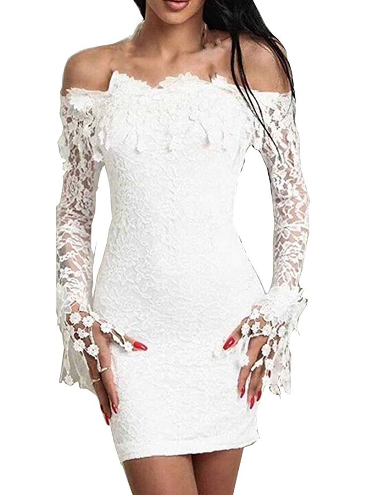Women Floral Lace Formal Cocktail Evening Party Dress Long Sleeve Short Dress 
