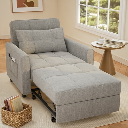 Convertible Sofa Bed Chair, 3-in-1 Adjustable Sleeper Chair with Pillows & Storage, Space Saving Pull Out Sofa Bed for Apartment Dorm Office, Sturdy Steel Frame Linen Sofa Bed,Gray