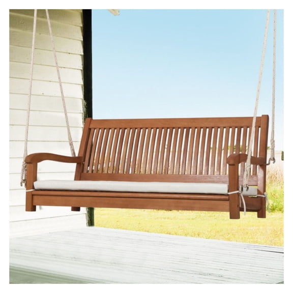 2-Person Porch Swing, Wood Bench with Cushion - Outdoor Hanging Swing for Patio, Backyard, Garden - 800lbs Capacity