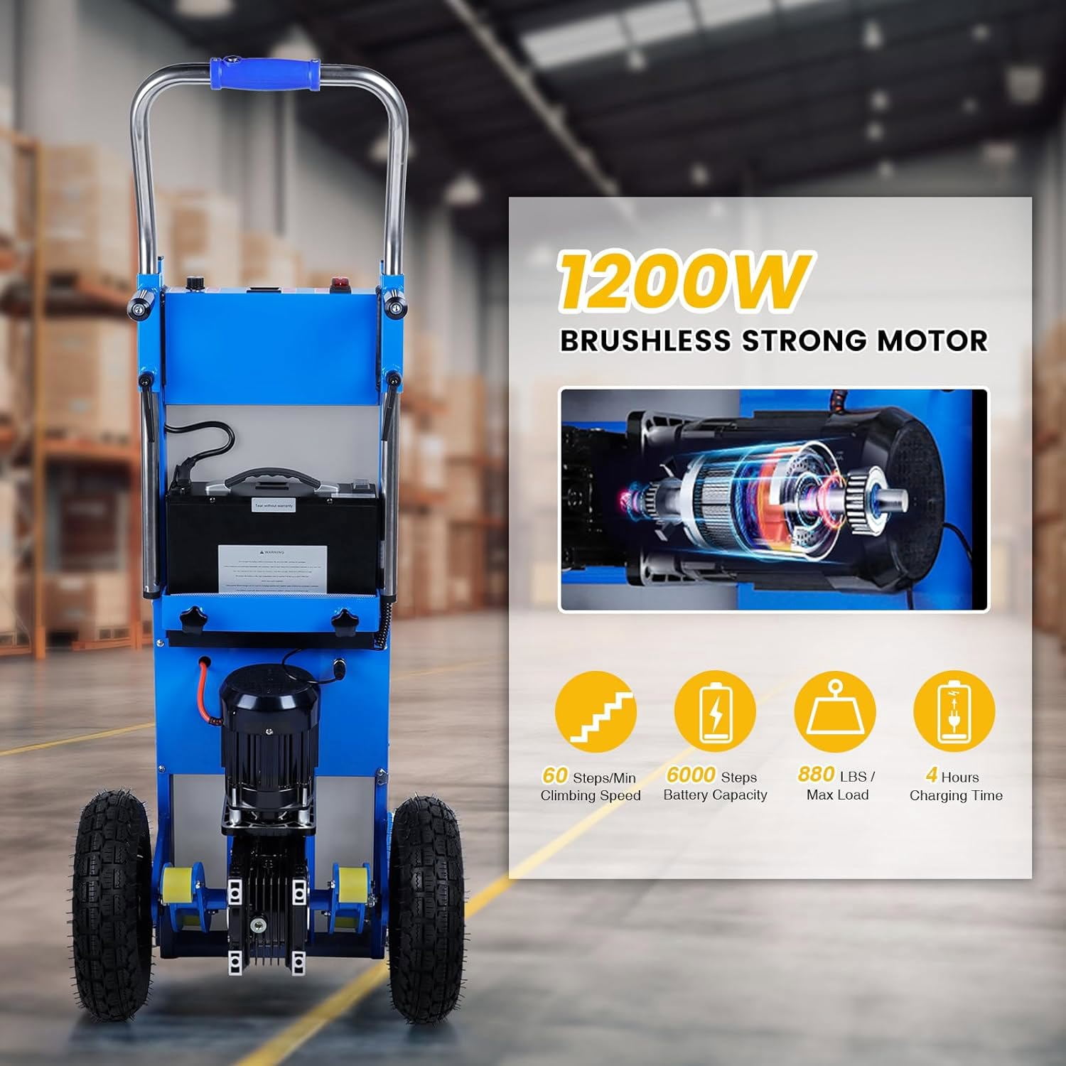 Joreek Electric Stair Climbing Dolly 1200W Powered Stair Climbing Hand Trucks 880lbs Max Capacity Electric Dolly for Stairs with 4M Safety Rope