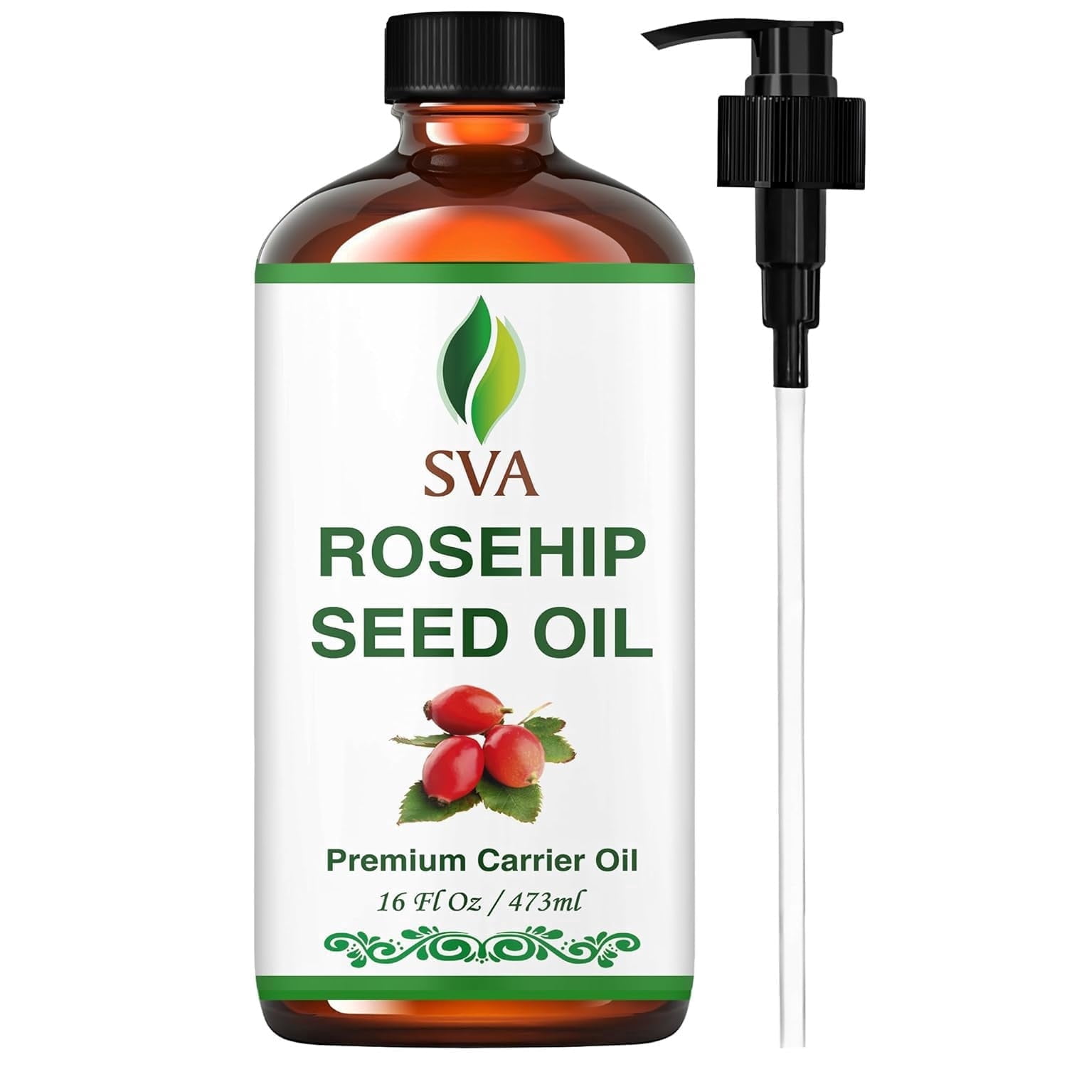 SVA Rosehip Seed Oil - 16 Fl Oz – 100% Natural & Cold Pressed - for Face, Skin Care, Hair Care, Scalp Massage & Body Massage – Carrier Oil with Dropper