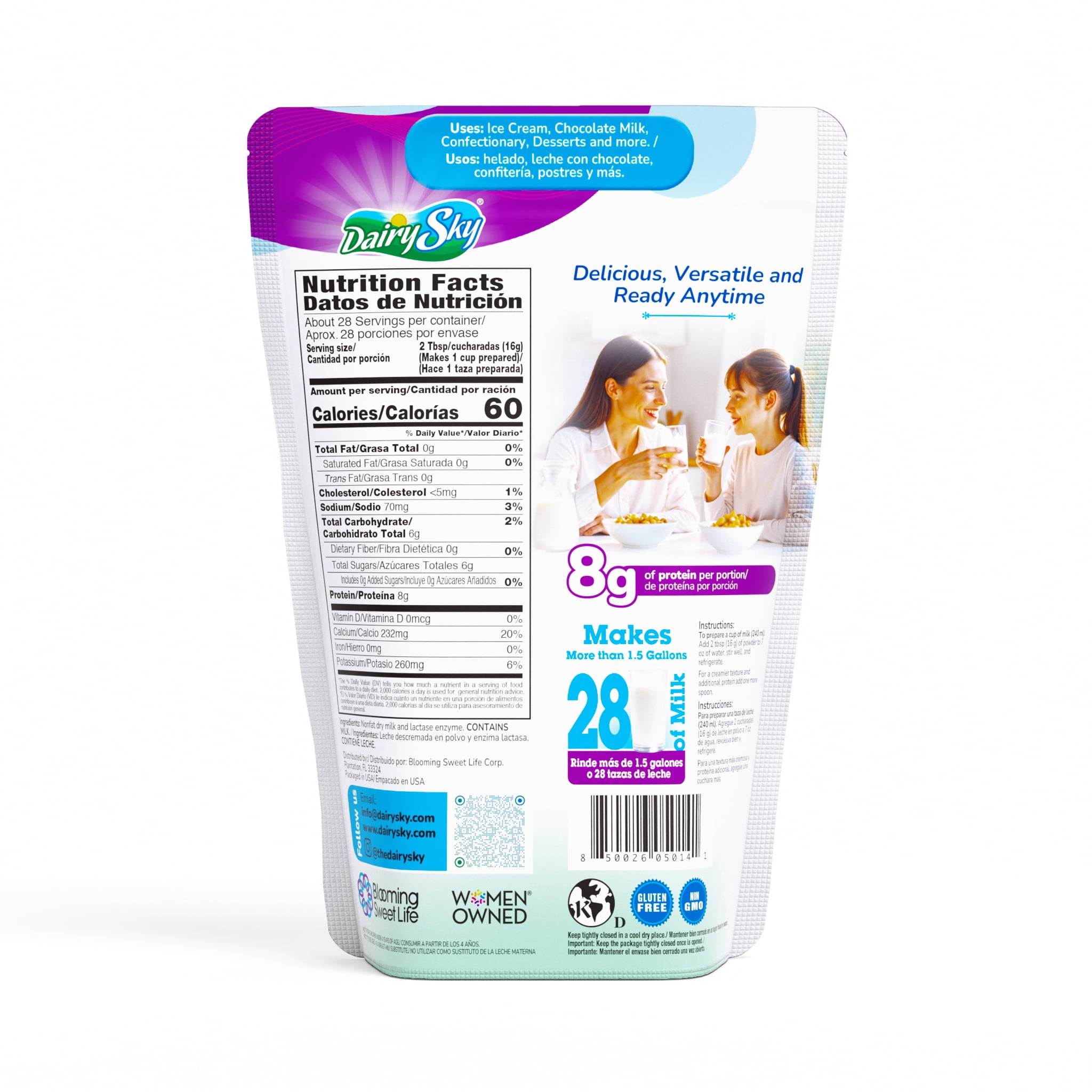 DairySky Lactose-Free Nonfat Dry Milk Powder, Plain Flavor, 16 oz, Shelf-Stable, Gluten-Free, Non-GMO, Kosher, pack of 12